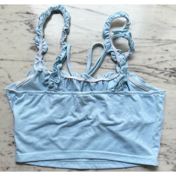 Pastel Baby Blue Frilled Ruched Tank Crop Top Cami Camisole Tee Shirt Size S 🦋 - Picture 2 of 2